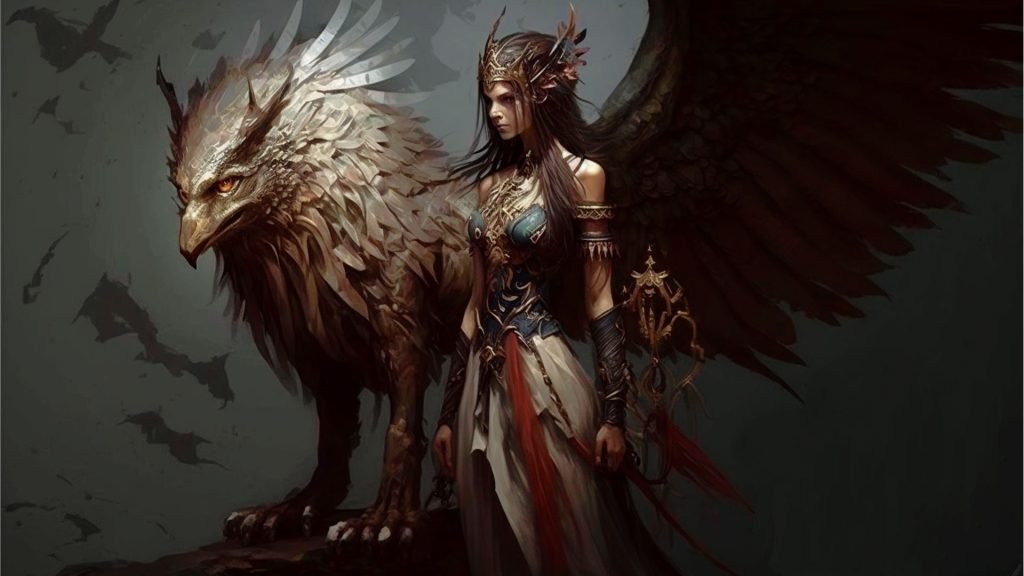elven female warrior with griffin